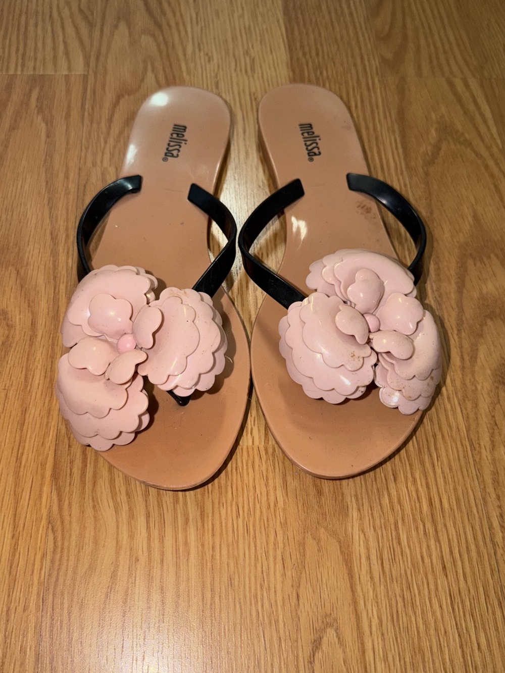Melissa Black Strap Sandals with Pink Floral Appliqués